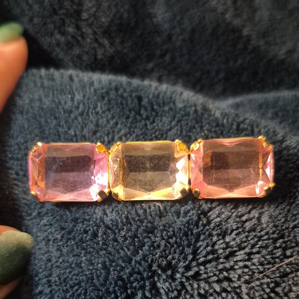 Vintage Three Glass Stone Bar Pink Clear  Brooch - Picture 4 of 5